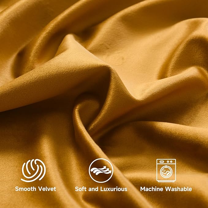 Roslynwood Luxury Soft Mustard Velvet Curtains 90 inches Long Back Tab Thermal Insulated Blackout Window Drapes for Living Room/Bedroom/Dining Room, W52 x L90, 2 Panels