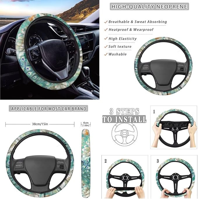 Xoenoiee Peacock Butterfly Peony Print Car Seat Covers and Accessories, Front Rear Seat Covers, Steering Wheel Cover, Seat Belt Pads, Coasters, Keychains for Car SUV Decor, 11 PCS Set