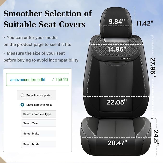 Coverado Car Seat Covers Front Seats, Nappa Leather Front Seat Covers, Waterproof Car Seat Cushion, Black Seat Covers Car Seat Protector Interior Accessories Fit for Most Cars