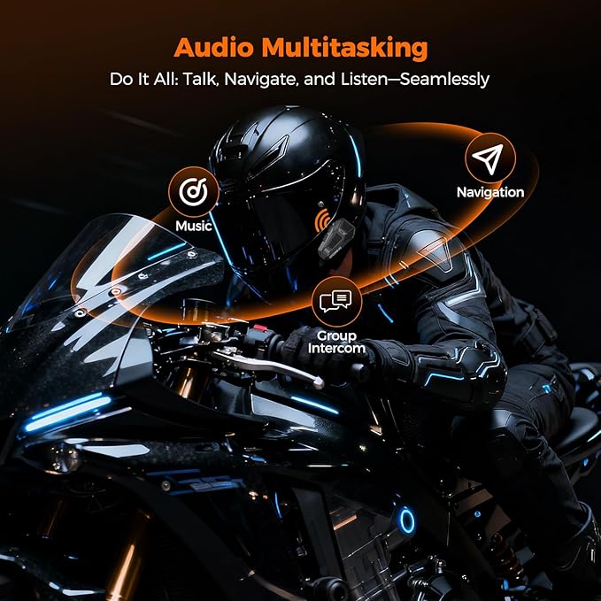 H4 Helmet Intercom, 4-Rider 1.2 Miles Motorcycle Bluetooth Headset, Audio Multitasking, 1000mAh 35H Talk Time, Noise Cancelling, IP67 Waterproof, HD Speakers (1 Pack)