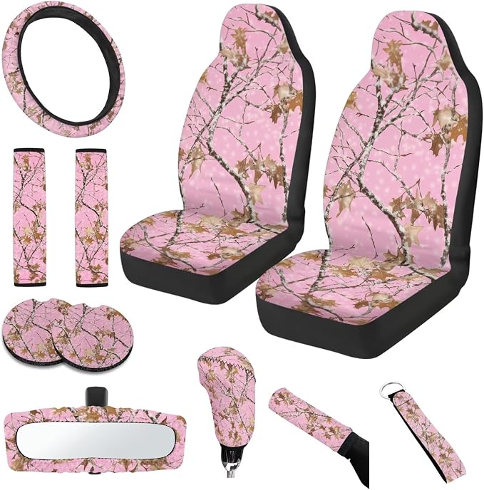 Pink Camo Hunting Car Accessories Set of 11 Car Front Seat Cover Steering Wheel Cover Seat Belt Pads Elastic Fabrics Gear Lever Cover Universal Fit Most Cars SUV