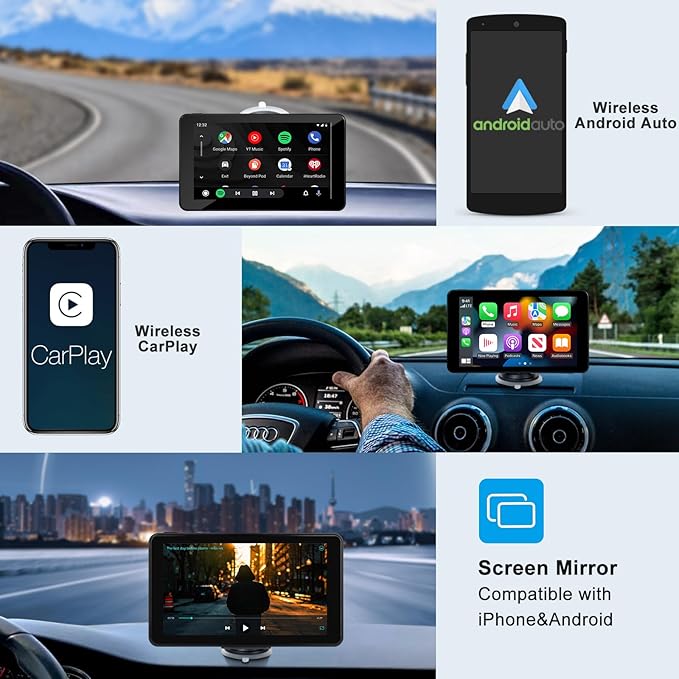 7" Wireless CarPlay Screen Car Stereo Compatible Apple CarPlay and Android Auto Portable Touch Screen AirPlay, GPS Navigation, Bluetooth, Voice Control, Mirror Link (7 Inch)