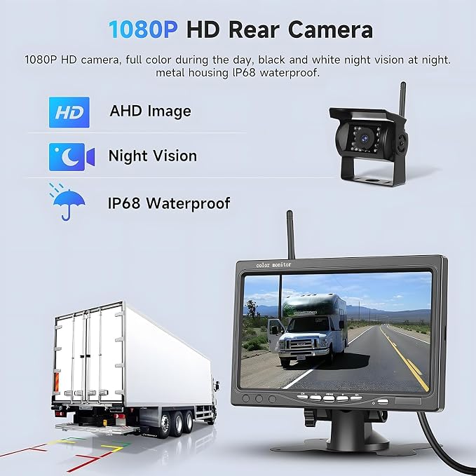 Wireless Backup Camera System for Vehicles, 7" HD Reserve Monitor, Digital 50% Clearer Signal, BSD(Blind Spot Detection), IP68 Waterproof, Easy No-Wire Install for Camper Truck Trailer Fifth Wheel RV