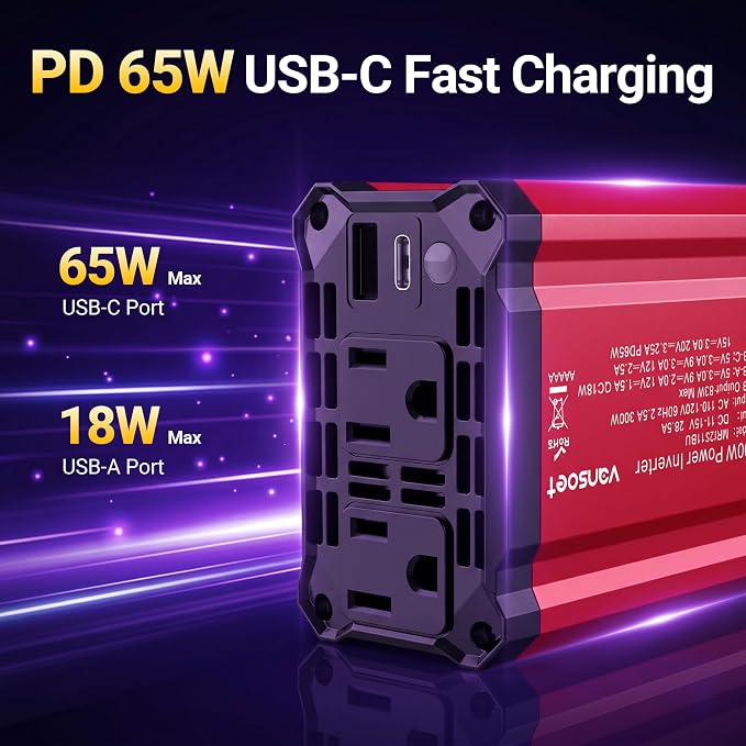 【2026 Upgraded】 300W Car Power Inverter - vansoet DC 12V to 110V AC(2 Outlets) Power Inverters with PD65W & QC18W Fast Charging Port - Car Charger Cigarette Lighter Adapter for Laptop/Phone/Road Trip