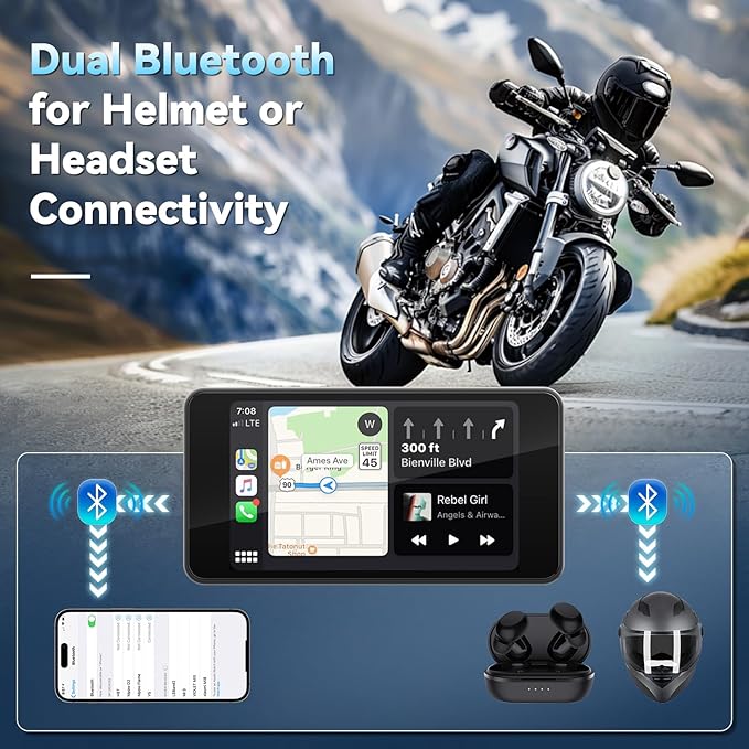 Motorcycle CarPlay Screen with Wireless Apple CarPlay Android Auto,4.7 Inch Waterproof Touch Screen, GPS Navigation for Motorbike Supports GPS Navigation/Mirror Link/Bluetooth Transmission