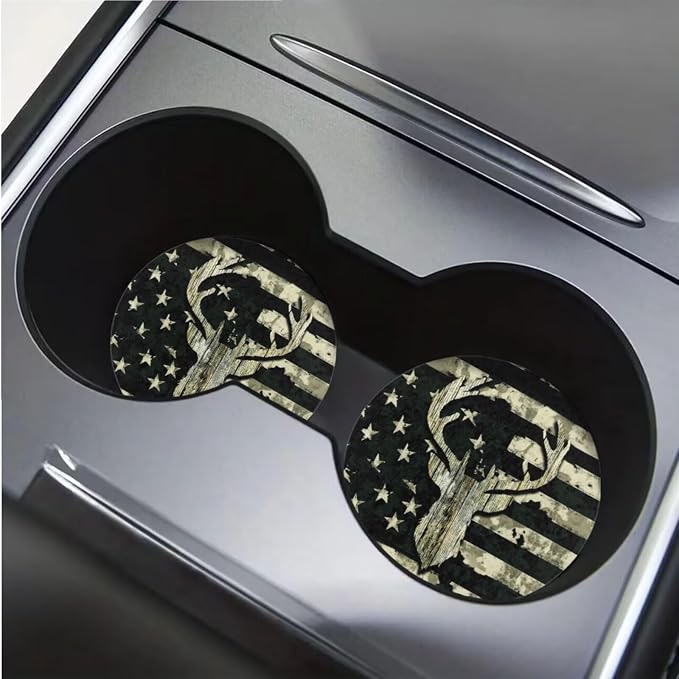 BIGCARJOB American Flags Deer Car Seat Cover Set 12 Pcs Universal Steering Wheel Covers,Armrest Pads,Coaster-Animal Deer Print Auto Seat Protector Full Set,Fit Most Vehicle,Cars,Sedan