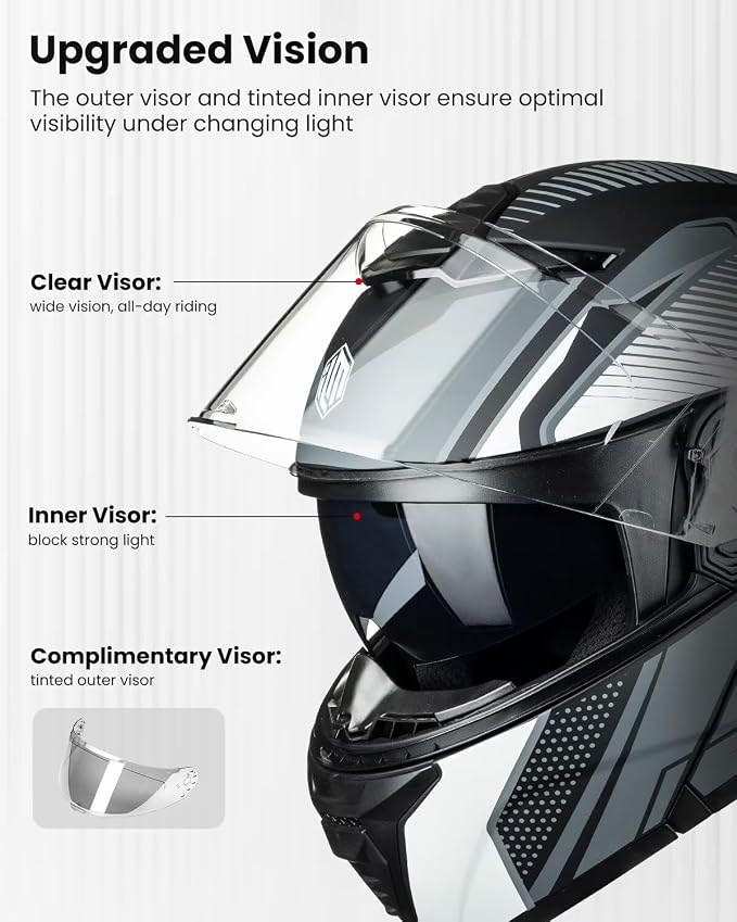 ILM Modular Motorcycle Helmet for Adults Full Face Flip up Riding with Dual Visor Street Bike Racing DOT Model MM966 (Black White, 2XL)