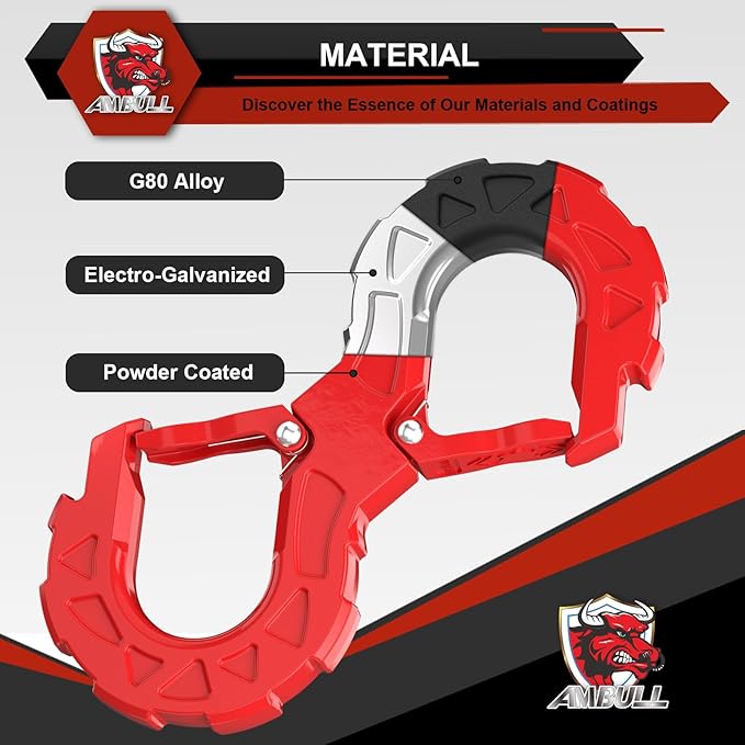 3/4" Easy Open D Ring Separate Shackles (17,600 lbs WLL) with 3/8" G80 S Shaped Tow Hook (11,200 lbs WLL) Off-Road Recovery Kit, Heavy Duty Winch Towing Combo, Black Red