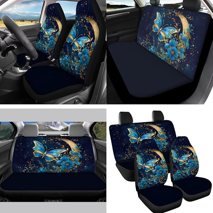 14 Pcs Car Seat Covers Butterfly Full Set for Women,Moon Flower Butterfly Auto Seat Cushion+ Steering Wheel Protector+ Coaster+Keychain+Seatbelt Pad+Handbreak Gear Shift Accessories