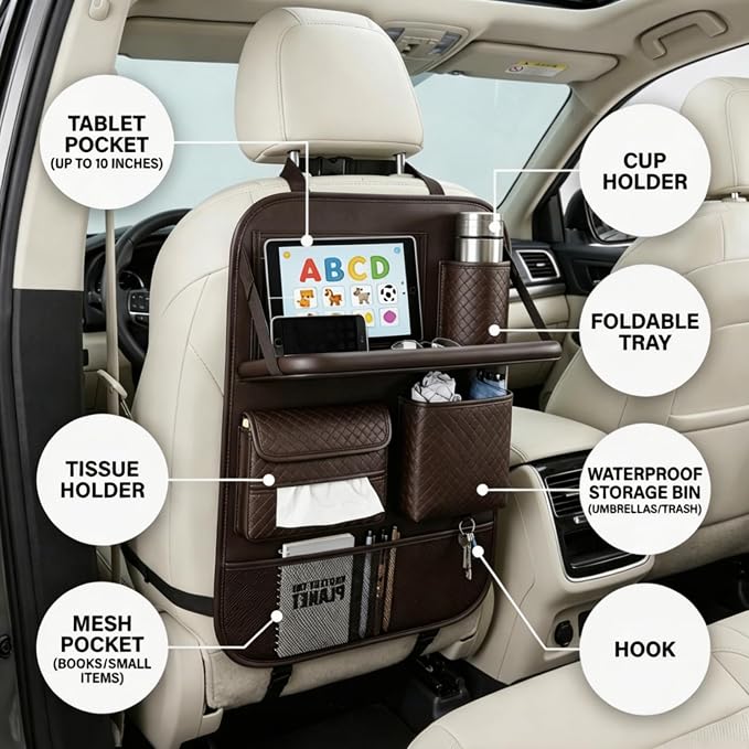 Premium PU Leather Car Seat Back Organizer with Foldable Tray & Transparent Touch Screen Tablet Pouch, Travel Accessories with Storage Bin, Cup Holder, Tissue Pocket, Hook, Fit SUV Sedan Truck (Brown)