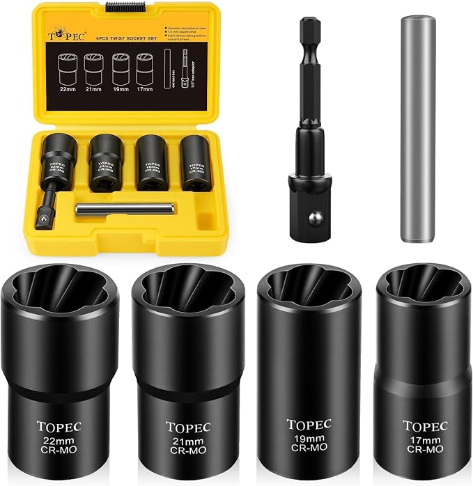 Topec 6PCS Wheel Lock Removal Kit, 1/2-Inch Drive Lug Nut Removal Tool, 17,19,21,22mm Stripped Lug Nut Remover, Extractor Socket Set for Broken, Damaged, Rounded Bolts