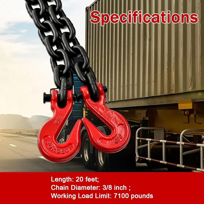 Heavy Duty G80 Transport Binder Chain 3/8'' Inch x 20 Feet,Tow Chain with G70 Clevis Grab Hooks,7100 lbs Safe Working Load Logging for Transporting, Towing(3/8'' x 20FT Black).