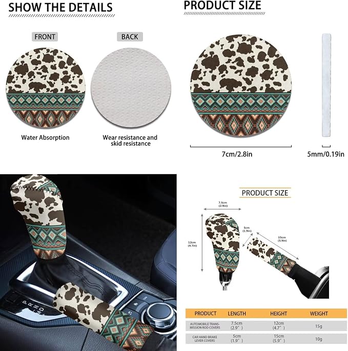 Dreaweet Aztec Cow Car Seat Covers Full Set for Women,Southwestern Car Accessories Interior,Native American Steering Wheel Cover with Center Console Cover,Seat Belt Pads,Car Coasters,Gear Shift Cover