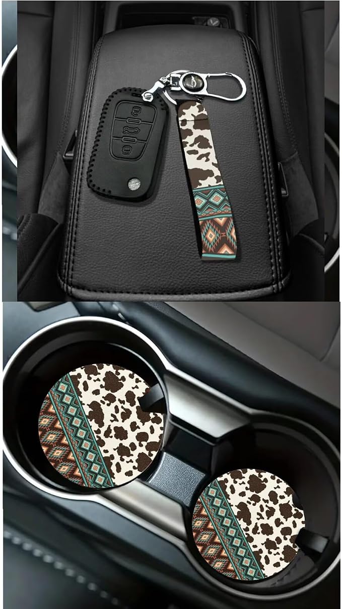 Dreaweet Aztec Brown Cow Print Seat Covers for Cars Full Set - Seat Covers Front and Back with Steering Wheel Cover Seatbelt Pad Coasters Trash Bag Air Vent Storage Bag Rearview Mirror Cover Keychain