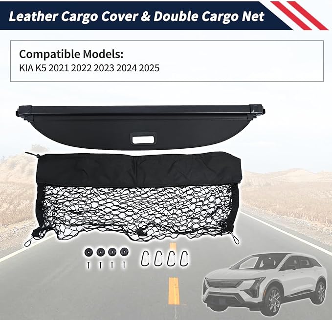 Cargo Cover & Double Cargo Net Compatible with Cadillac Optiq 2024 2025 2026,Retractable Trunk Cover Privacy Screen Security Shield Shade,Waterproof Trunk Accessories(Leather)