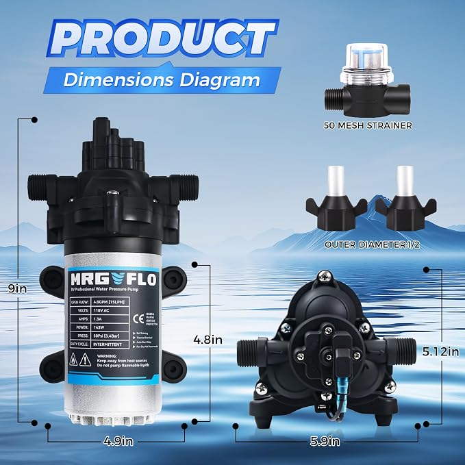Industrial Grade 110V AC Diaphragm Water Pressure Pump, 4.0 GPM Flow & 50 PSI Rated, Self-Priming RV Marine Fresh Water Pump for Camper, Boat, Yacht, Caravan, Kitchen, Bathroom