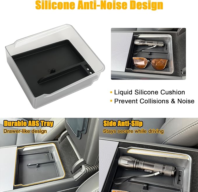 ROCCS 5PCS Center Console Organizer Set Compatible with Model 3 Highland 2024-2025 & Model Y Juniper 2025-2026, ABS Hidden Storage Box with Cup Holder Mat & Wireless Charging Pad Liner, Black