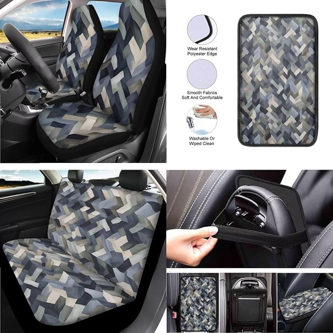 Multi-Color Geometry Print 13 Pack Car Accessories for Women Abstract Camouflage Pattern Seatbelt Pad Armrest Cushion Keychain Cup Holder Coaster Pads Decor Accessory