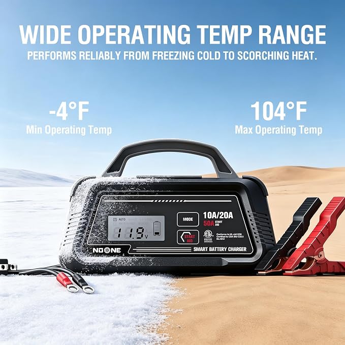 NOONE 10A/20A Smart Battery Charger & Maintainer - 12V/24V Fully Automatic with 50A Engine Start, Winter Mode, and Auto Repair - Car Trickle Charger for AGM, Gel, Deep Cycle & LiFePO4 Batteries