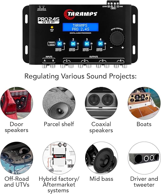 Taramp's Pro 2.4S DSP Crossover full Digital Signal Processor and Equalizer with sequencer 15-band Graphic Equalization 12 preset EQ 2-Channel in and 4-Channel Out