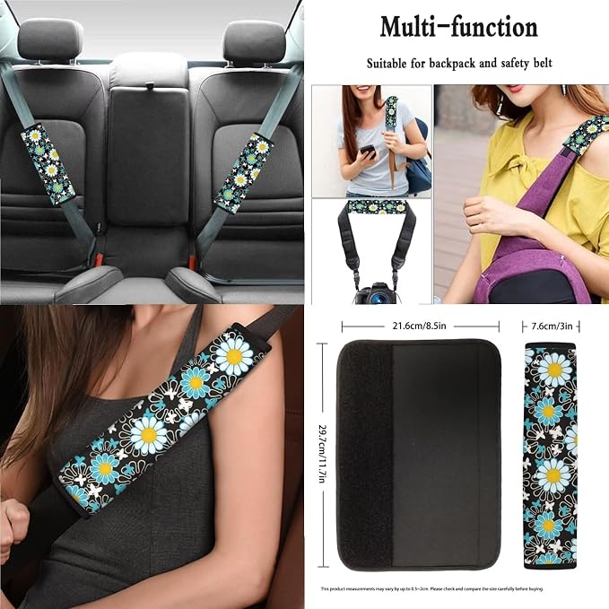 Vibrant Daisy Floral Print 13 Pieces Car Accessories Universal Fit Car Seat Covers Full Set,Seatbelt Pads,Coasters,Keychain,Lipstick Sleeve for Women's Vehicle Protector