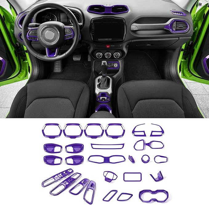 CheroCar 31 PCS Full Set Interior Decoration Trim Kit Steering Button Cover Door Handle Cover Air Outlet Cover Cup Holder Gear Cover Trim Door Speaker Cover for Jeep Renegade 2016-2018,Purple…