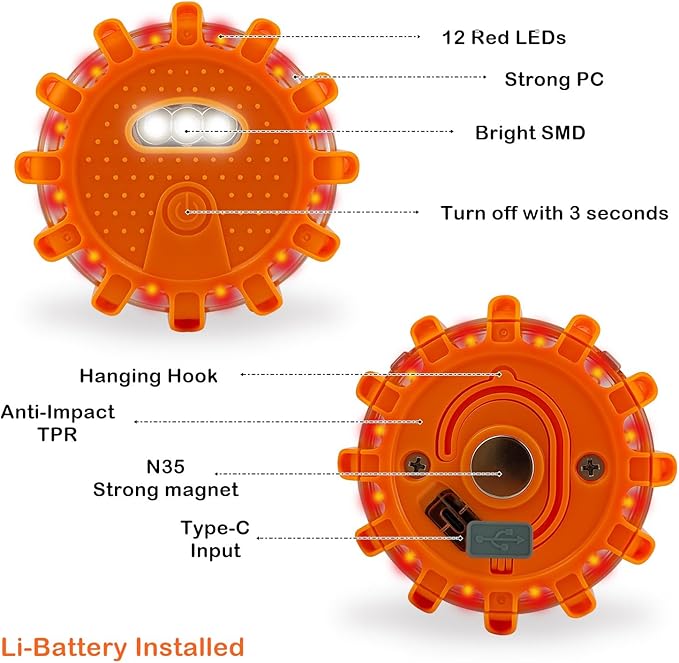 Ecoangel USB-C Rechargeable LED Road Flares Emergency Lights-Large Capacity (Lithium Battery) 3 in 1 Cable Roadside Warning Car Safety Beacon Flashing Disc Kit with Magnetic Base for Vehicles