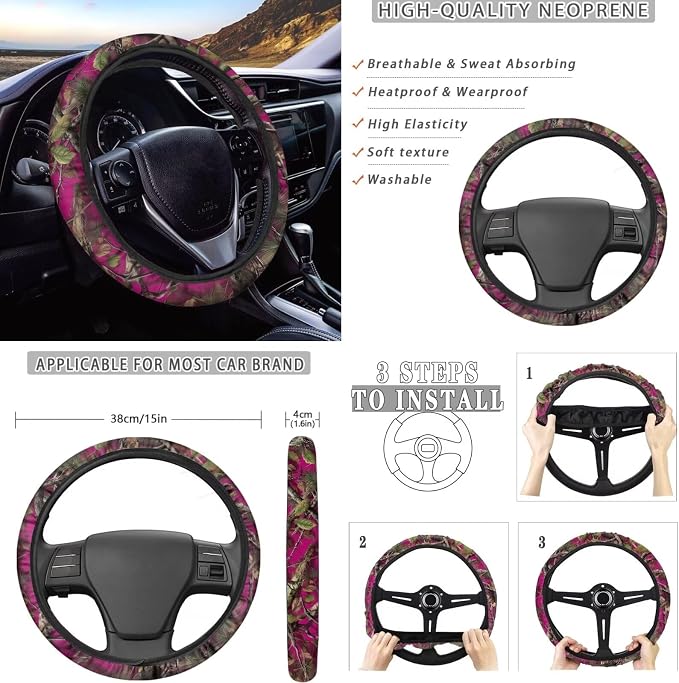KEIAHUAN Car Seat Covers for Women Pink Hunting Camo Design with Handbrake & Gear Shift Cover,Headrest Covers,Steering Wheel Cover,Cup Coasters Fits Most SUV,Sedan,Truck