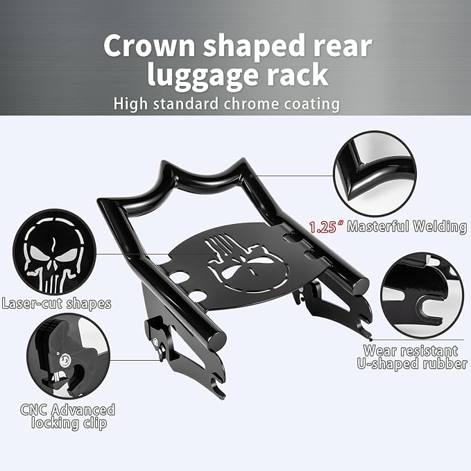 Crown Detachable Luggage Rack for Harley Touring 2009-2026 Street Road Electra Glide/Road King, Black （Skull）