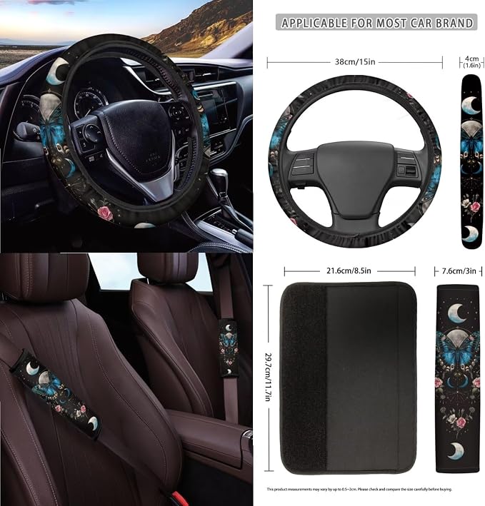Wanyint Butterfly Flower Moon 15 Pack Car Seat Cover Full Set with Automotive Steering Wheel Covers Auto Seatbelt Pads Coaster Trash Can Air Vent Holder Rear View Mirror Cover Car Coasters Keychain