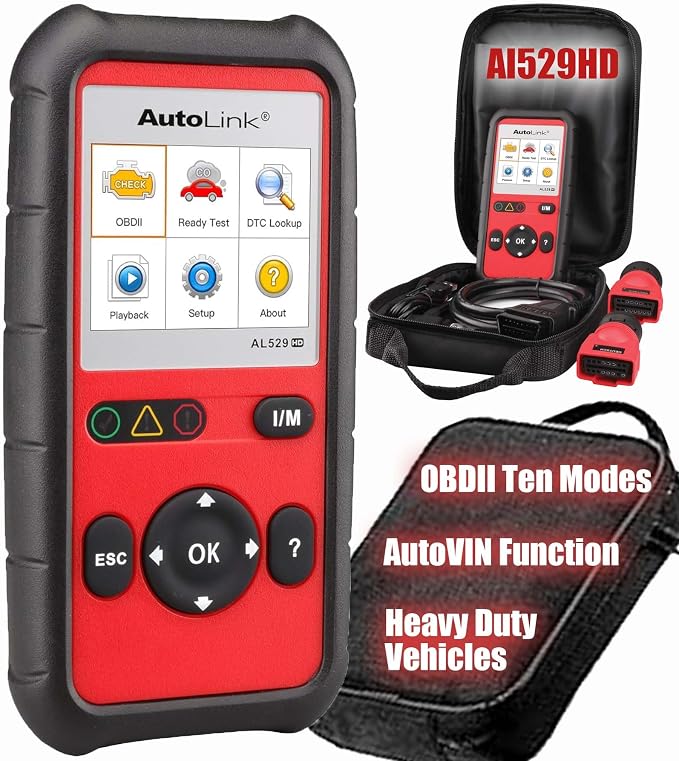 Autel AutoLink AL529HD Read/Erase Heavy Duty Engine DTCs Deutsch 9-Pin & 6-Pin Adapters One-Touch I/M Readiness/LED Indicator Support All 10 OBDII Test Modes Enhanced Mode 6 Diagnostics