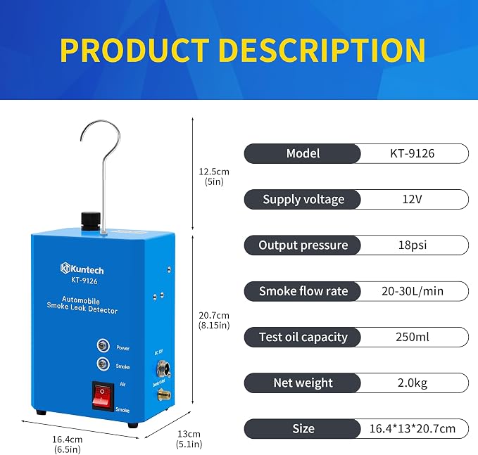 Kuntech Automotive Smoke Machine Built-in Air Pump, 12V DC Smoke Leak Detector for Pipe System, Fuel Leakage, Leakage Diagnostic Tester for All Cars, Motorcycles, Light Trucks, Boats