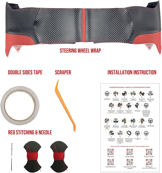 Hand-Stitched Steering Wheel Wrap for 11th Gen Honda Civic 2022 Interior Steering Wheel Protection Skin Cover Accessories (Red Perforated Leather+Matte Black Carbon Fiber)