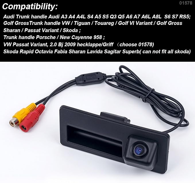 HD 170° Rear View Reversing Backup Camera Parking Aids System Compatible with Audi A3 A4 A4L S4 A5 S5 Q3 Q5 A6 A7 A6L A8L S6 S7 RS5/Golf/Tiguan/Touareg/Sharan/Passat/Skoda/Porsche/Cayenne 958/Jetta