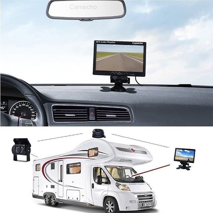 Camecho Vehicle Backup Camera 7" Monitor,18 IR Night Vision Rear View Camera Without Guide Line IP 68 Waterproof, 4 Pins Aviation Extension Cable for 33FT Length RVs, Bus, Trailer,Truck