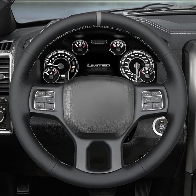 MEWANT Hand Sew Black Solid Embossed Artificial Leather Steering Wheel Cover for Dodge RAM 1500 2012-2018 1500 Classic