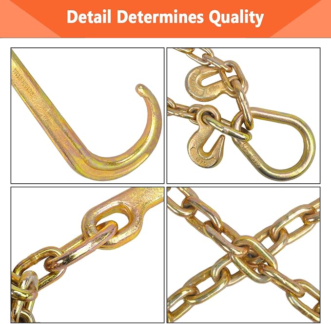 5/16" Grade 70 V-Type Transport Tow Chain w/15 J-Hooks 2Ft Long Shank Legs for Flatbed Truck Tie Trailer Tractor Car Wrecker Tow Chain,4700 Lbs Working Load Limit,G70 Steel Towing Chain Bridle