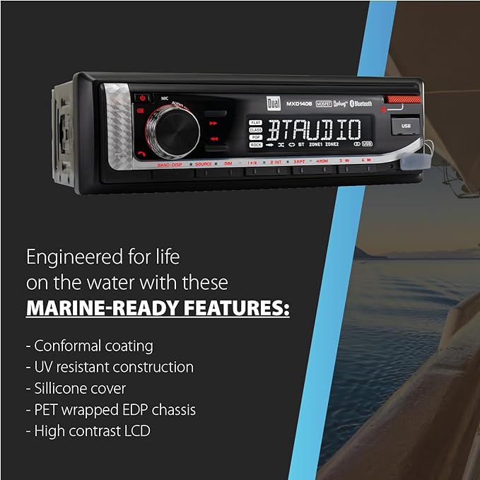 Dual Electronics MXD140B Marine Stereo with Built-in Bluetooth | Single DIN 8-Character Sunlight-Readable LCD Display | AM/FM Stereo Receiver | USB Port with 2.1 A Charging | Black