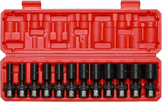 MIXPOWER 3/8" Drive Deep Impact Universal Joint Swivel Socket Set, SAE, 5/16" - 1", Deep, Flexible Wobble, Chrome Molybdenum Steel, 12 Pieces Set