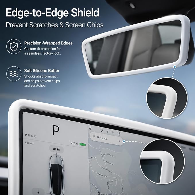 4Pcs White Soft Silicone Interior Kit for Tesla Model 3 Highland 2024-2026 & for Model Y Juniper 2025-2026, Center Console Cover, Screen Bezel, Charging Pad Mat, Mirror Frame