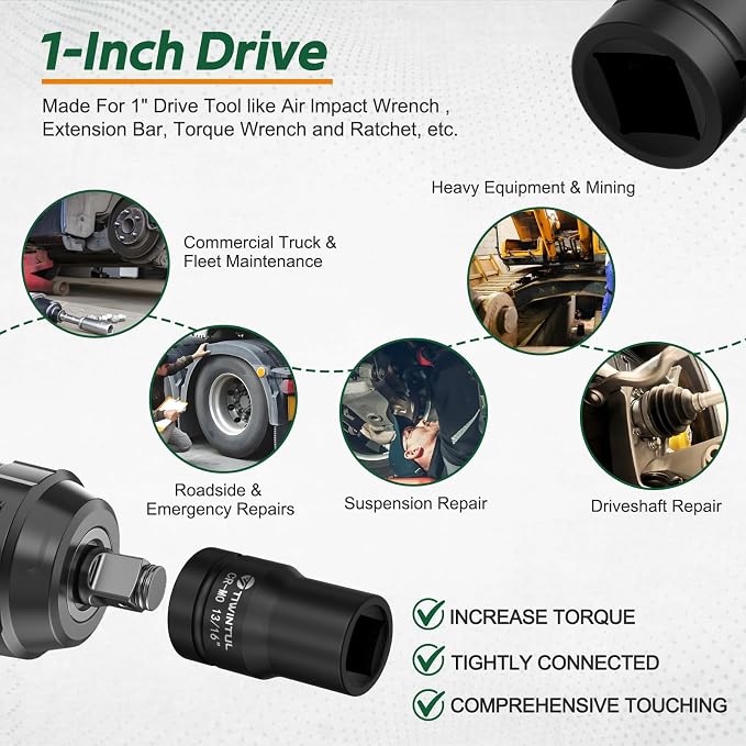 13/16" Impact Socket 1" Drive, for Truck Axle Nuts & Hub Removal | Square, 6 Point Design, CR-MO ANSI Certified, Heavy Duty Socket 1 Inch Drive for Suspension & Heavy Equipment Maintenance
