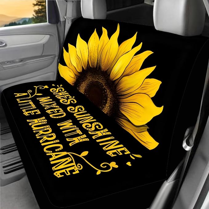 Sunflower Print Car Seat Covers Full Sets 18 Pieces Sunshine Sunflower Print Car Interior Accessories Sets with Steering Wheel Car Covers Car Headrest Covers Hanging Car Trash Can Belt Pads