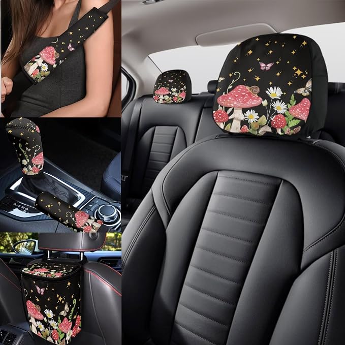 17 Pieces Mushroom Car Seat Covers Full Set for Women Girly,Starry Sky Mushroom Car Accessories Set with Steering Wherl Cover Seat Belt Cover Pad Car Headrest Cover Cup Coaster Sets
