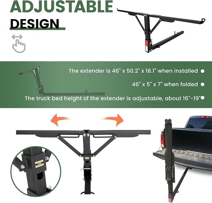 ECOTRIC Truck Bed Extender Design Foldable Pickup Truck Bed Extension 400lb Capacity for Heavy Duty Lumber Ladder Canoe Boat Kayak Long Pipes - Powder Coated Steel