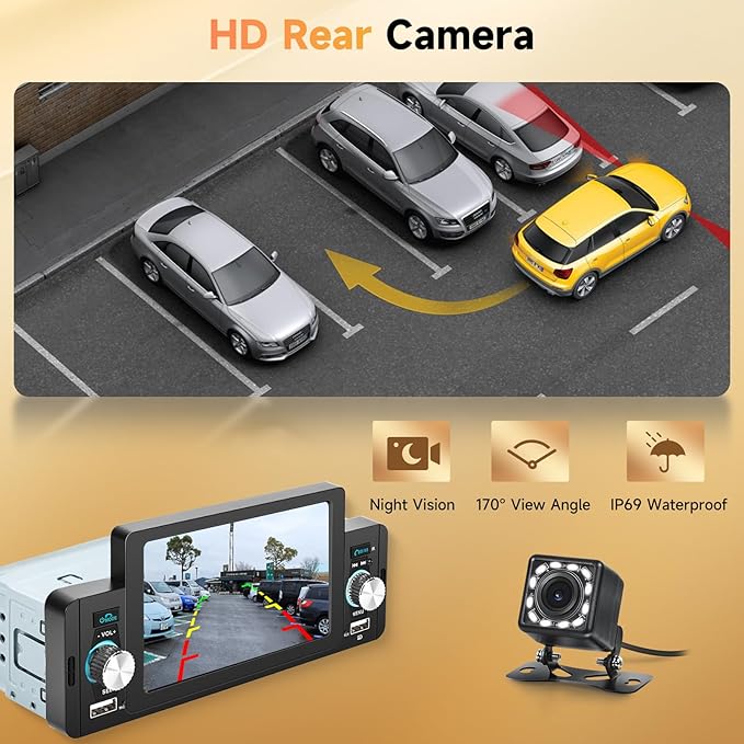 Carplay Single Din Radio 5 Inch Touch Screen Car Stereo with Car Play Android Auto, Bluetooth 5.1, HD Backup Camera, Mirror Link, Siri Voice Control, USB, FM, SWC, Dual Mic, Remote Control