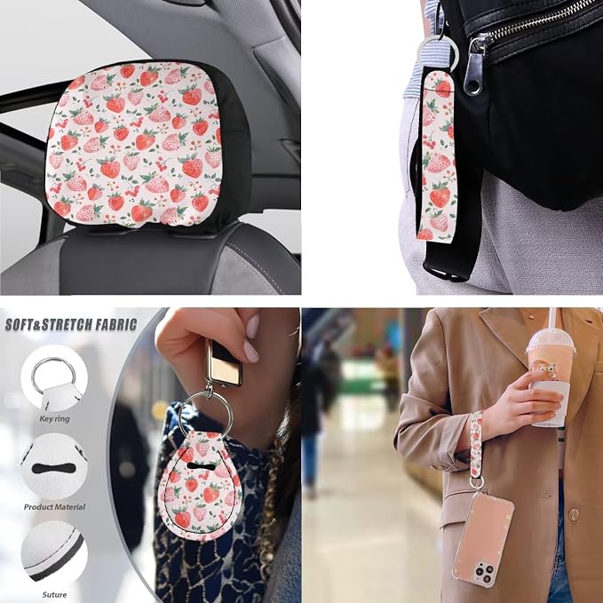 Strawberry 13 Pack Car Seat Cover Pink Strawberry Lover Seatbelt Pad Armrest Cushion Fruit Hand Drawn Strawberries Keychain Cup Holder Coaster Pads Decor Accessory