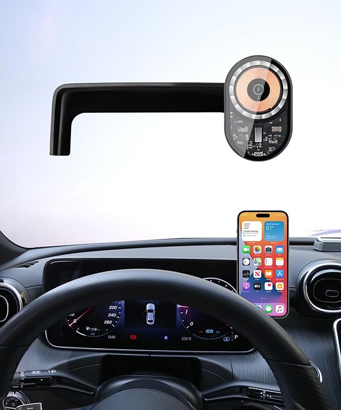 Wireless Charging Car Phone Holder for Mercedes Benz GLC-Class 2023-2026 / C-Class 2022-2026, 12.3" Screen Fixed Clip, 360° Rotation Car Phone Mount Compatible with MagSafe