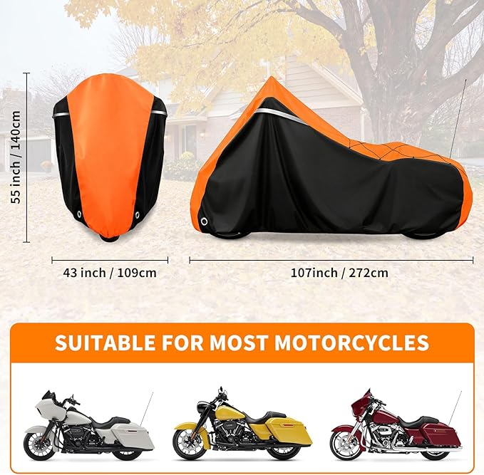 COVERVIN Motorcycle Cover for Harley Davidson Touring Road King Road Glide Electra Glide Street Glide Low Rider-ST Heritage Classic HD Goldwing, All Weather Waterproof Cruiser Cover, Black&Orange