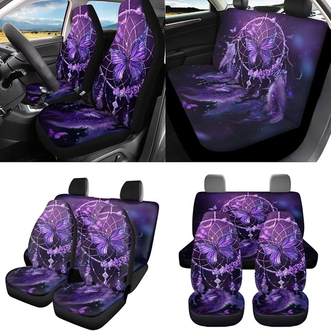 Purple Dream Catcher Butterfly Car Seat Covers Full Set 8 Pcs Car Accessories for Women Front Seat Cover Steering Wheel Armrest Cover Seat Belt Cover for Auto SUV Interior Decoration