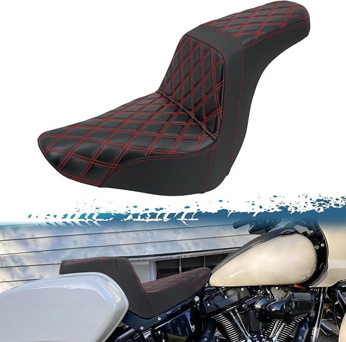 One-Piece Driver Passenger Seat Motorcycle 2-Up Seat Fit for Harley Sport Glide FLSB Low Rider FXLR FXLRS FXLRST 2018-later (Red Stitching)